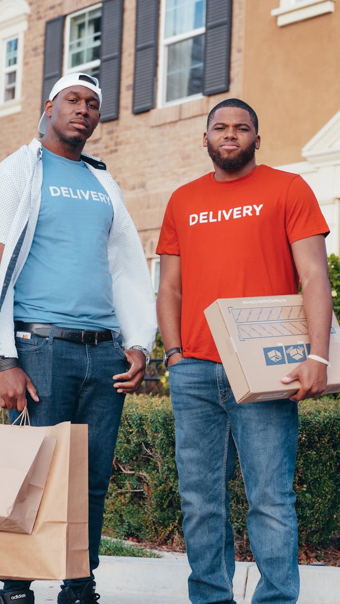 Two delivery workers holding packages outside a residential building, showcasing modern commerce.